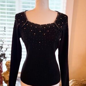 Gantos Black Ribbed Knit Top With Embellished details On Shoulder And Chest.